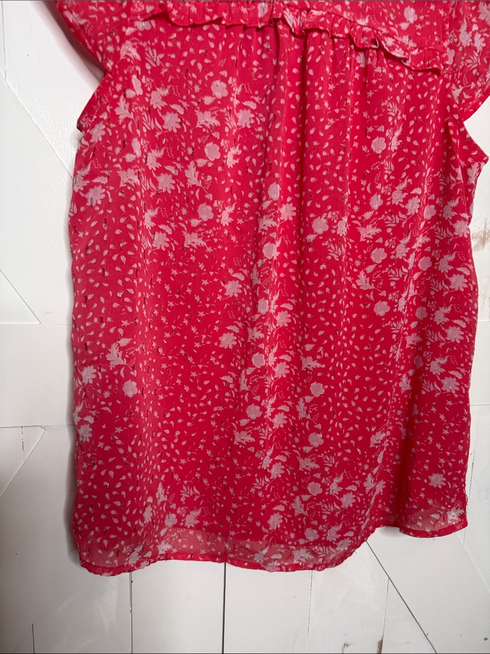 Joie Red-Pink Floral Ruffle Neck Blouse - Picture 5 of 11
